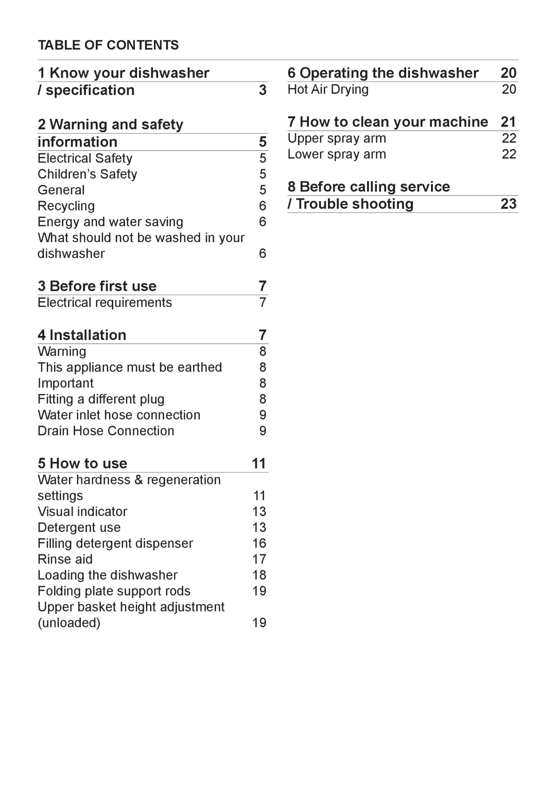 Beko dsfs 1531 w manual Know your dishwasher Operating the dishwasher Specification 