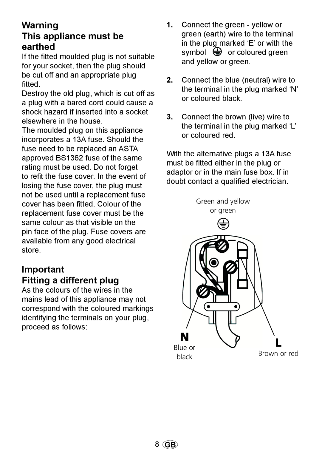 Beko dsfs 1531 w manual This appliance must be earthed, Fitting a different plug 