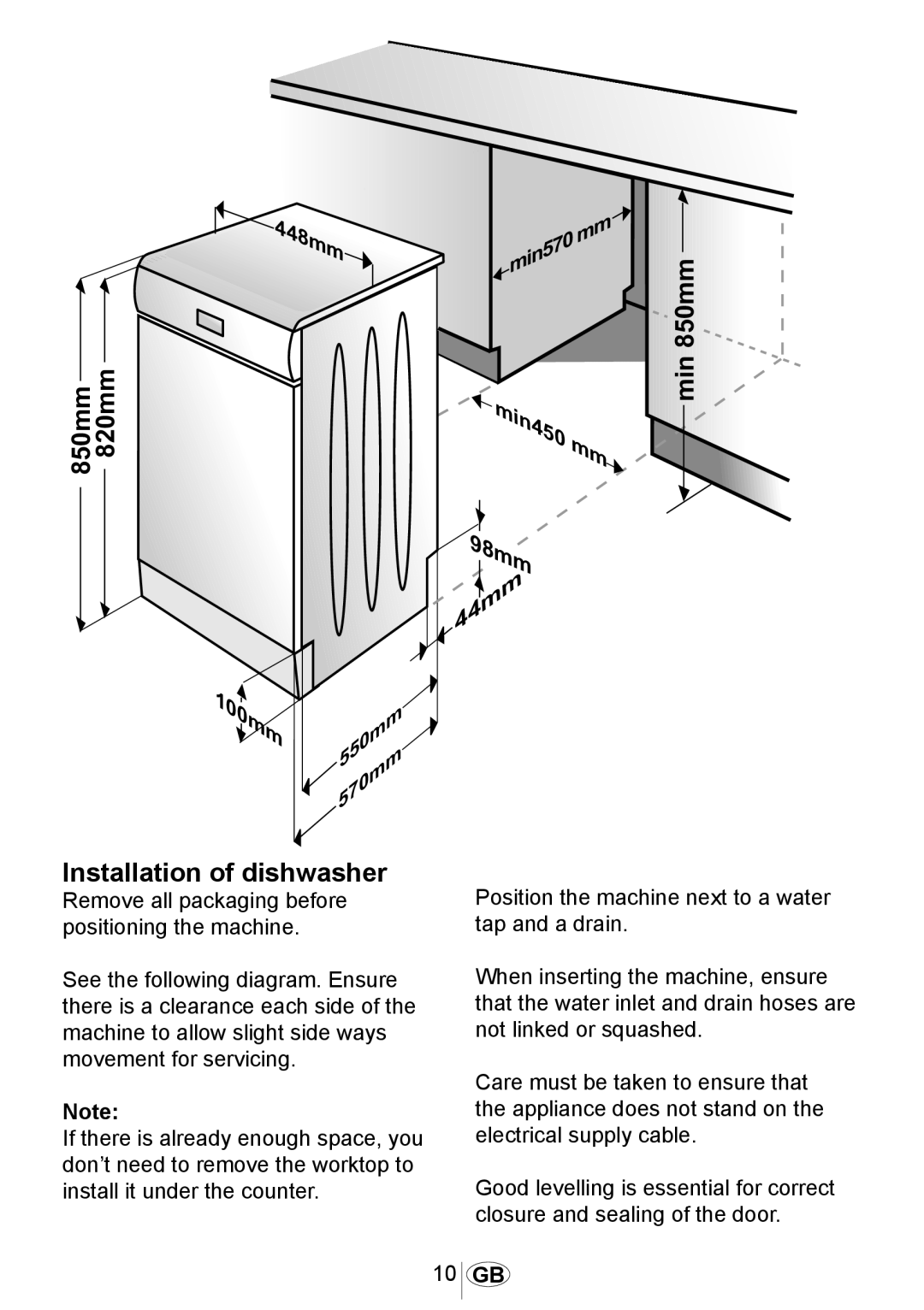 Beko dsfs 1531 w manual Installation of dishwasher 