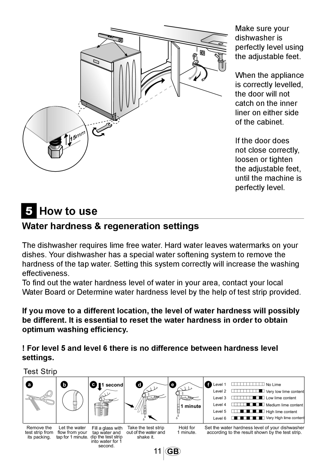 Beko dsfs 1531 w manual How to use, Water hardness & regeneration settings, 11 GB 