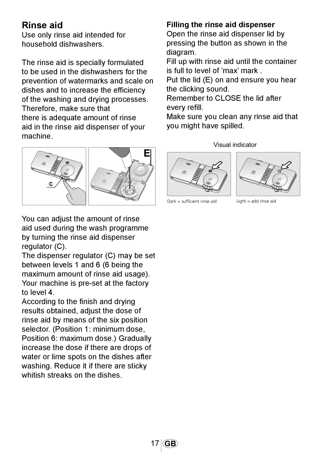 Beko dsfs 1531 w manual Rinse aid, Filling the rinse aid dispenser 