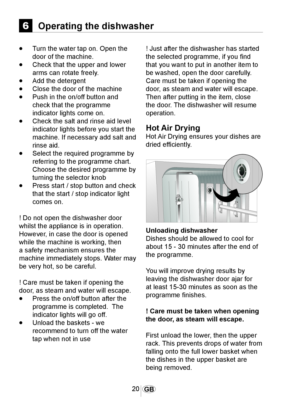 Beko dsfs 1531 w manual Operating the dishwasher, Hot Air Drying, Unloading dishwasher 