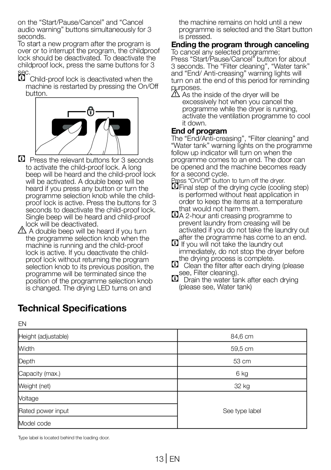 Beko DV 6120 X manual Ending the program through canceling, End of program 