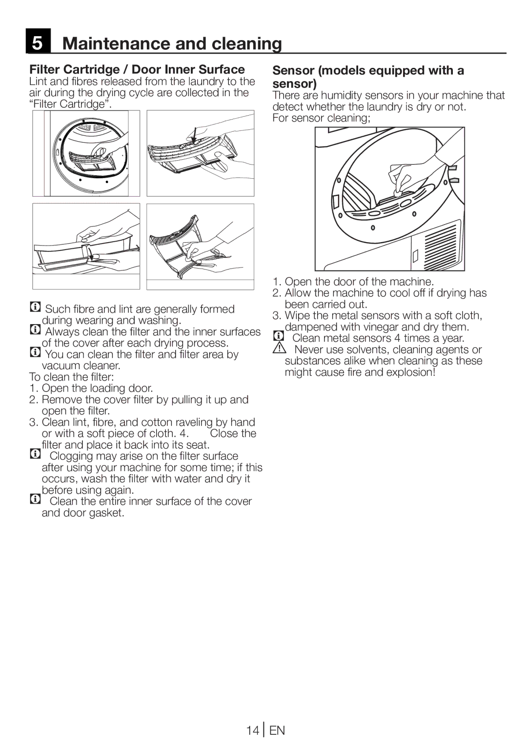 Beko DV 6120 X manual Maintenance and cleaning, Filter Cartridge / Door Inner Surface, Sensor models equipped with a sensor 