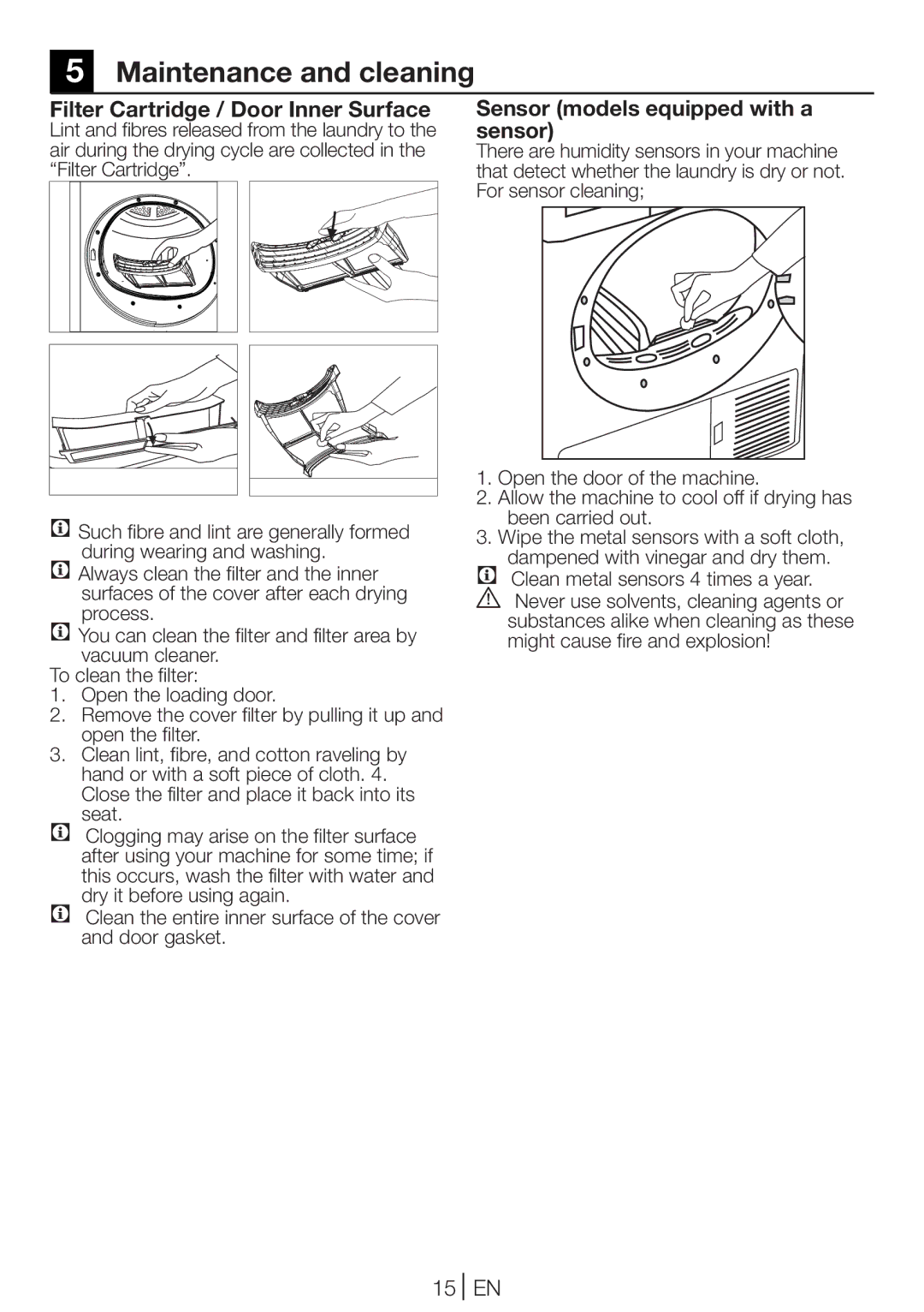 Beko DV 7220 X manual Maintenance and cleaning, Filter Cartridge / Door Inner Surface, Sensor models equipped with a sensor 