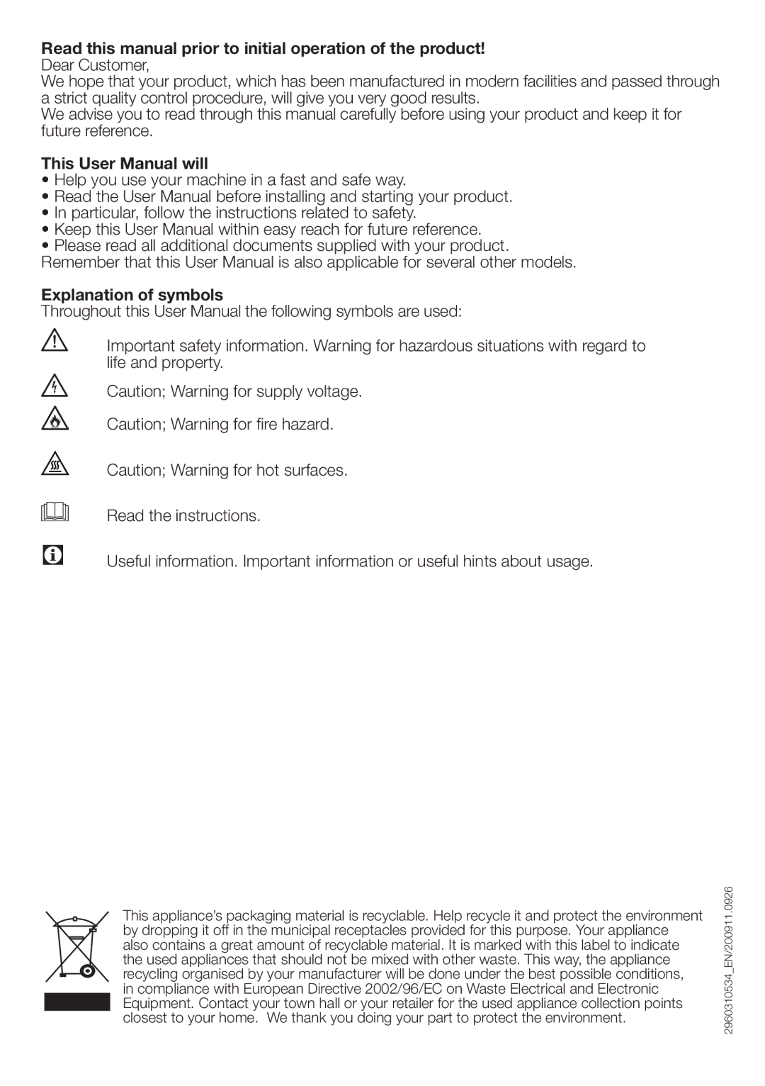 Beko DV 7220 X Read this manual prior to initial operation of the product, Explanation of symbols 