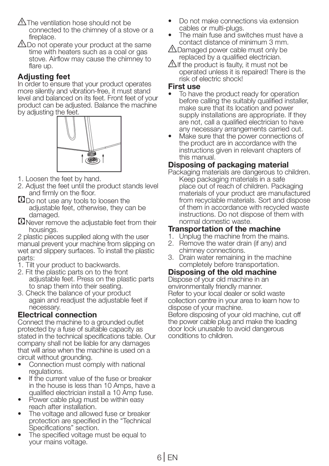 Beko DV 7220 X manual Adjusting feet, Electrical connection, First use, Disposing of packaging material 