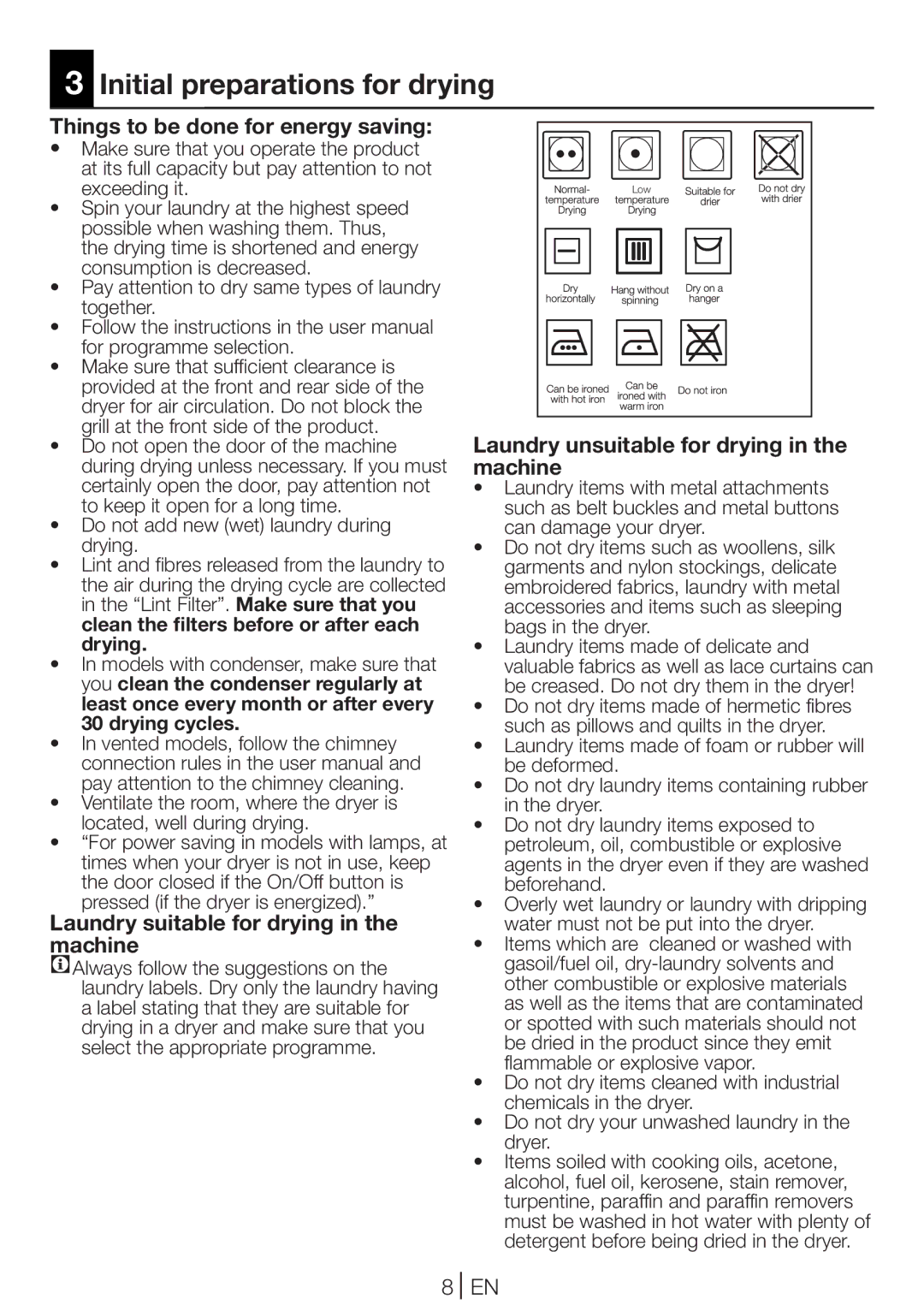 Beko DV 7220 X manual Initial preparations for drying, Things to be done for energy saving 