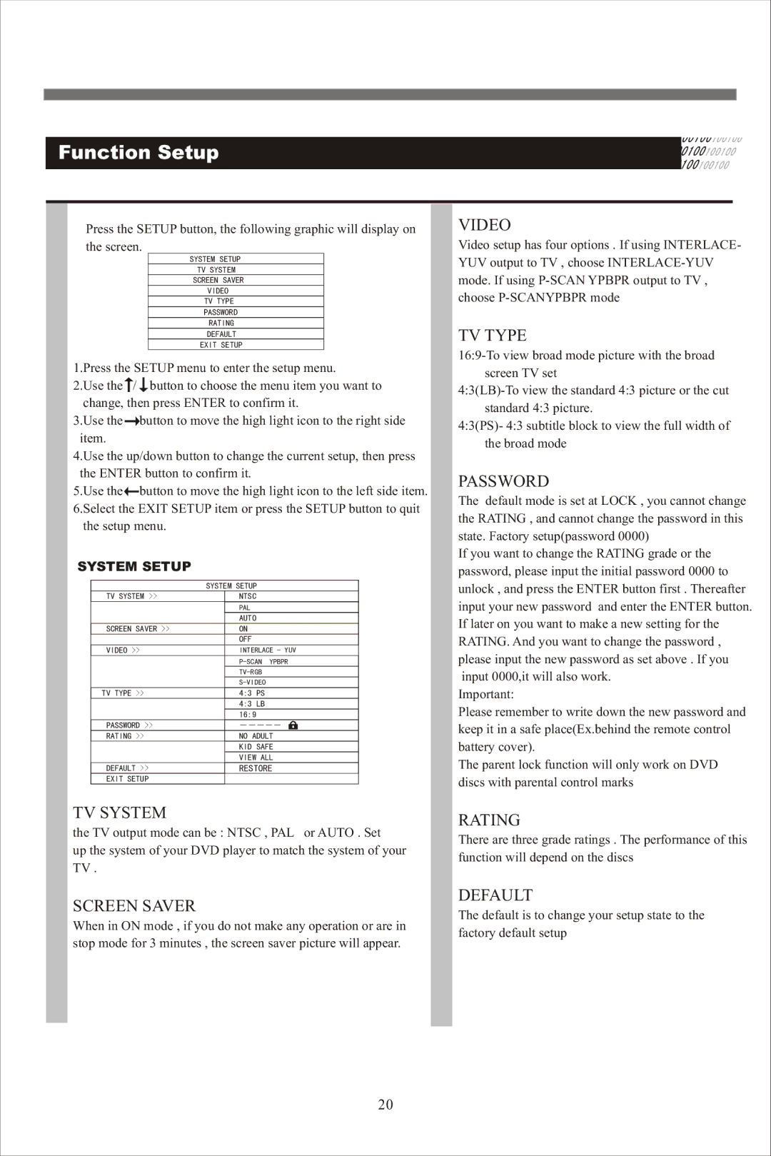 Beko DVD 2008 manual Function Setup, System Setup 