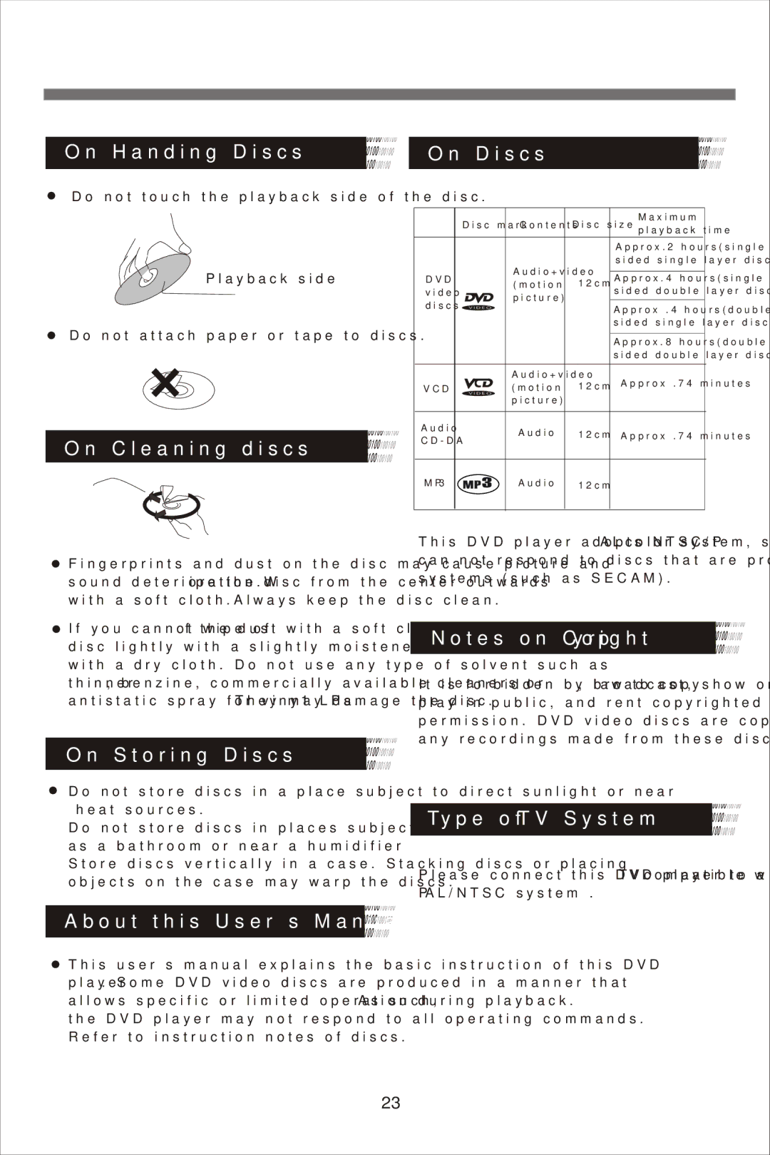 Beko DVD 2008 On Handing Discs, On Cleaning discs On Discs, On Storing Discs, About this User’s Manual, Type of TV System 