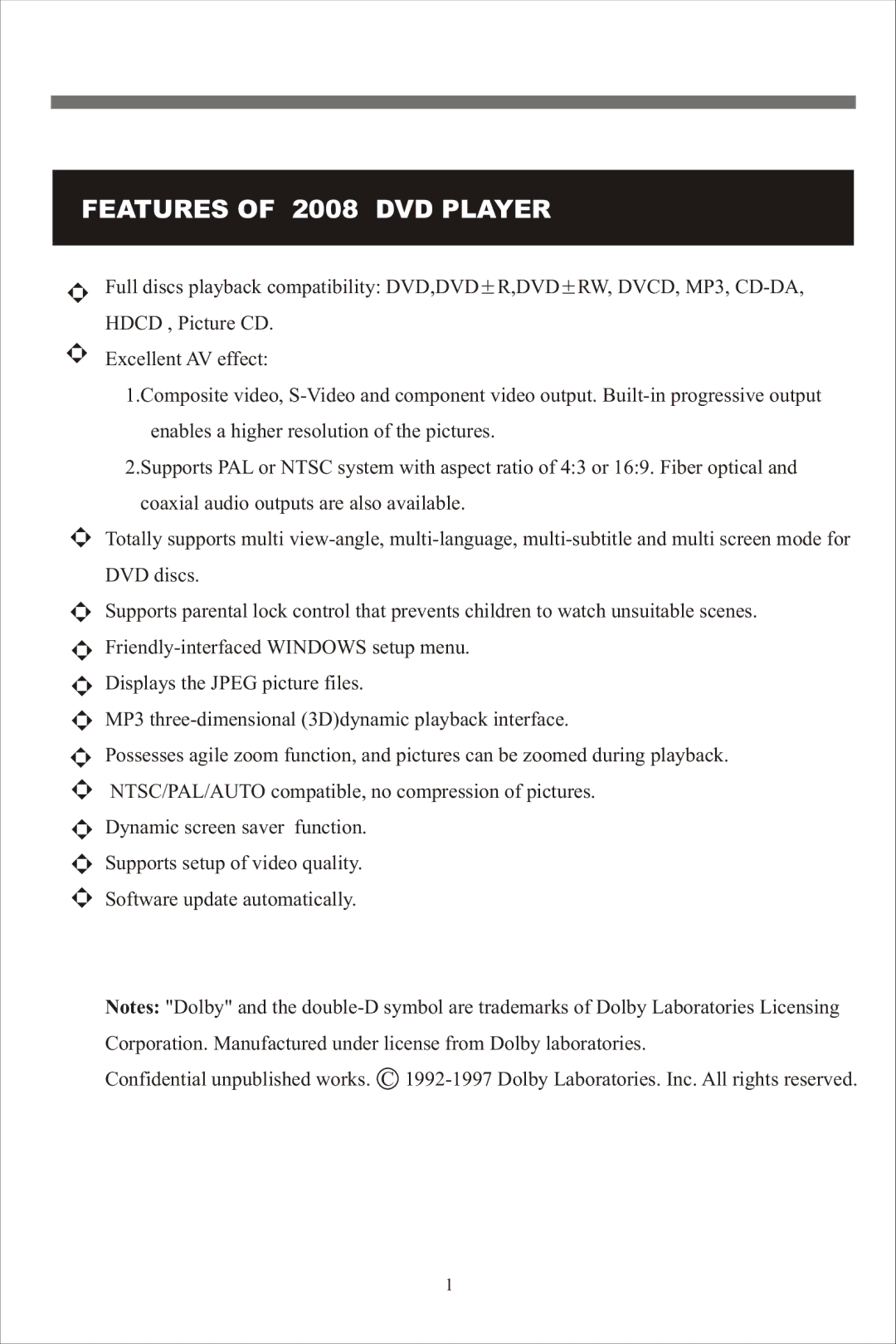 Beko DVD 2008 manual Features of 2008 DVD Player 