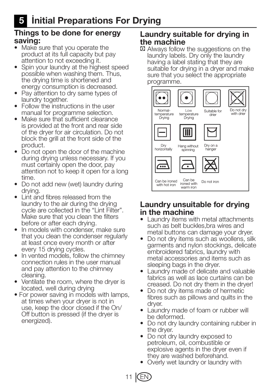 Beko DVTC 60 W manual İnitial Preparations For Drying, Things to be done for energy saving 