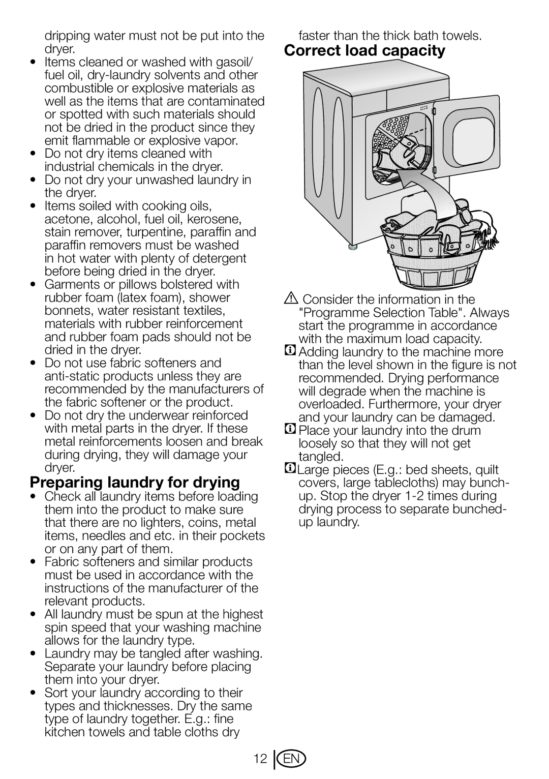 Beko DVTC 60 W manual Preparing laundry for drying, Correct load capacity 