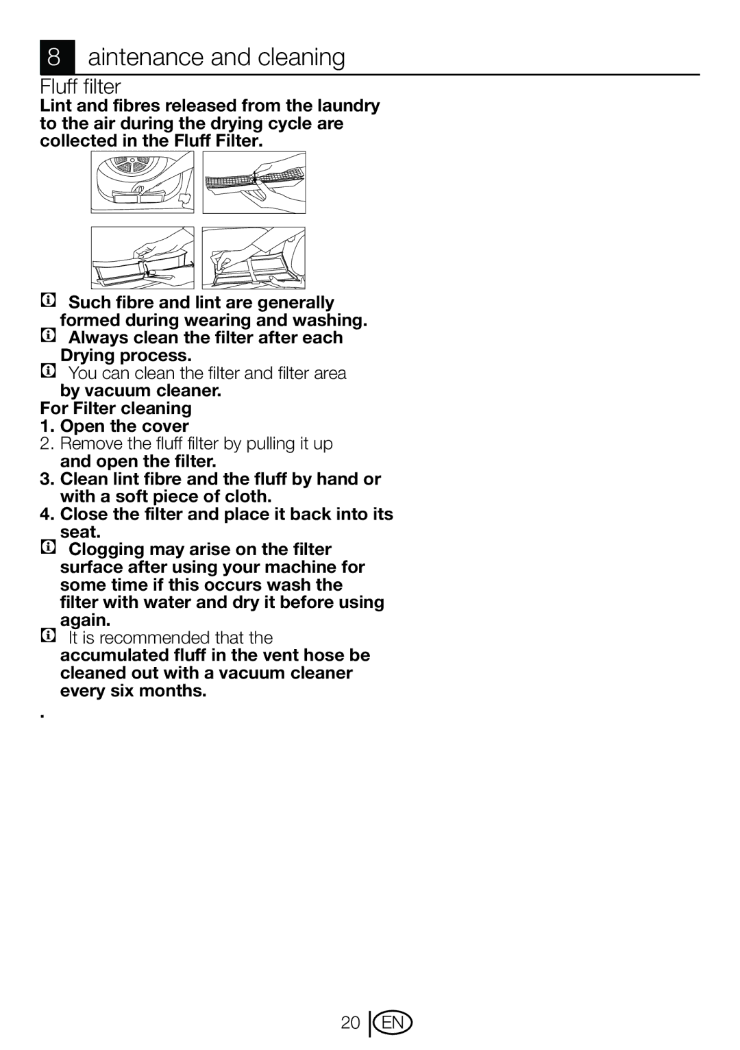 Beko DVTC 60 W manual Maintenance and cleaning, Fluff filter 