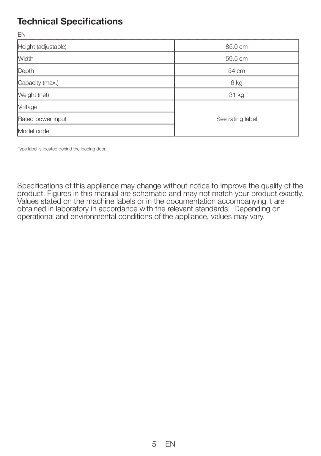 Beko DVTC 60 W manual Technical Specifications 