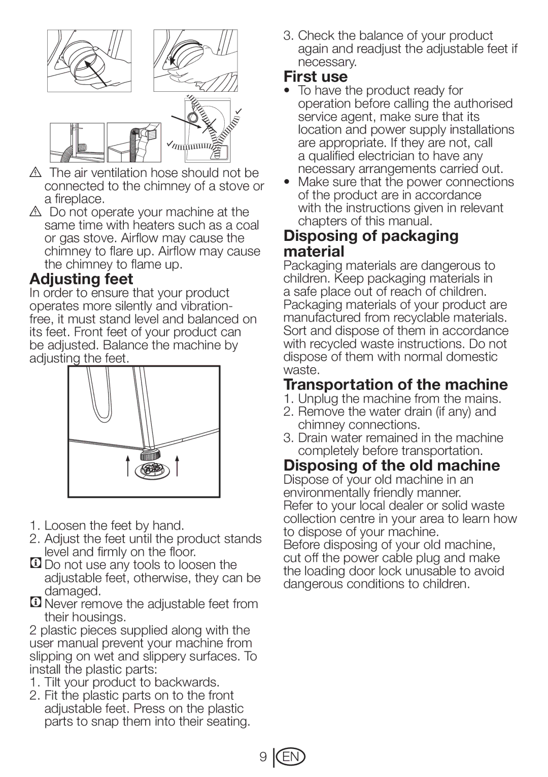 Beko DVTC 60 W manual Adjusting feet, First use, Disposing of packaging material, Transportation of the machine 