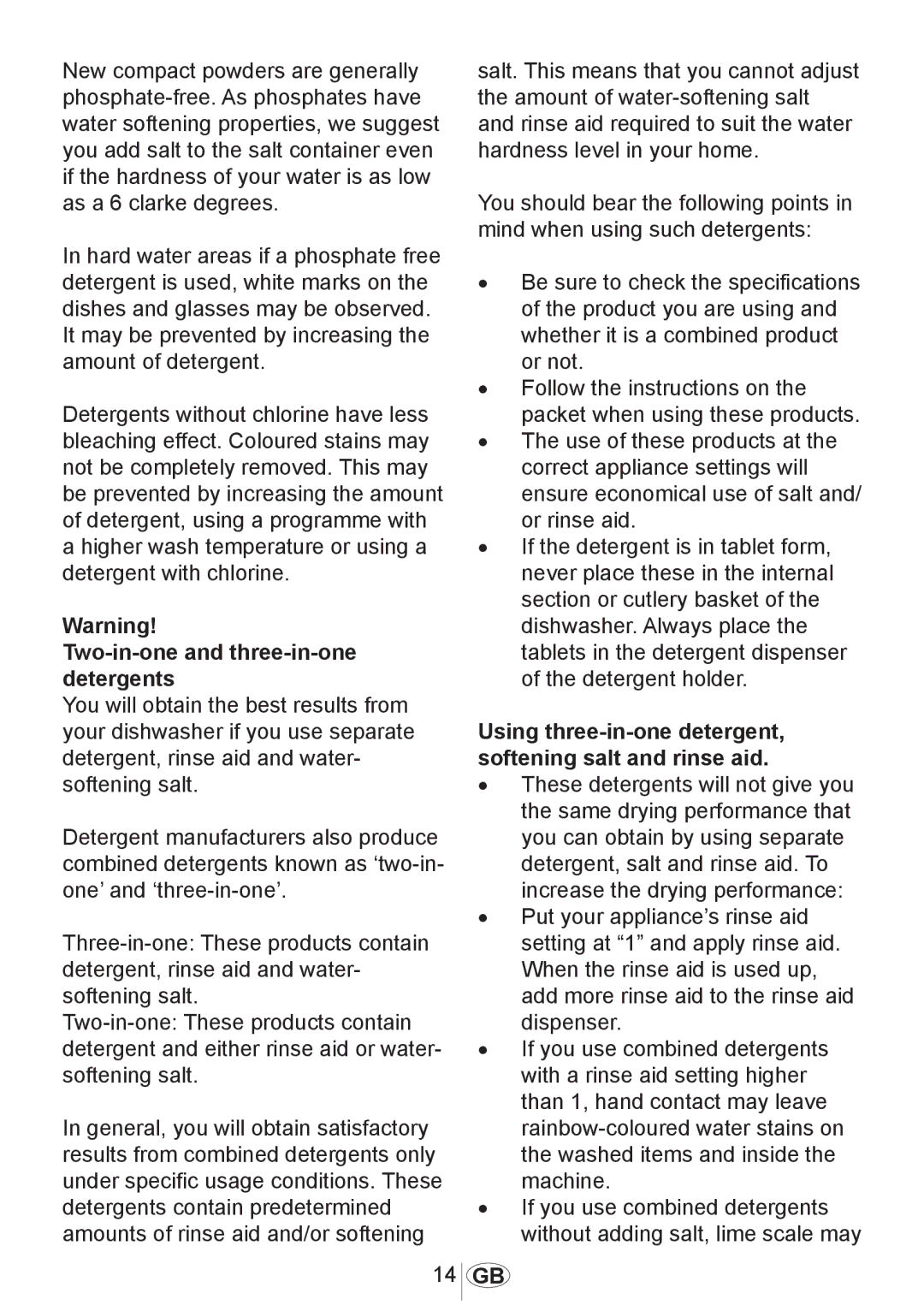 Beko DW602 manual Two-in-one and three-in-one detergents, Using three-in-one detergent, softening salt and rinse aid 