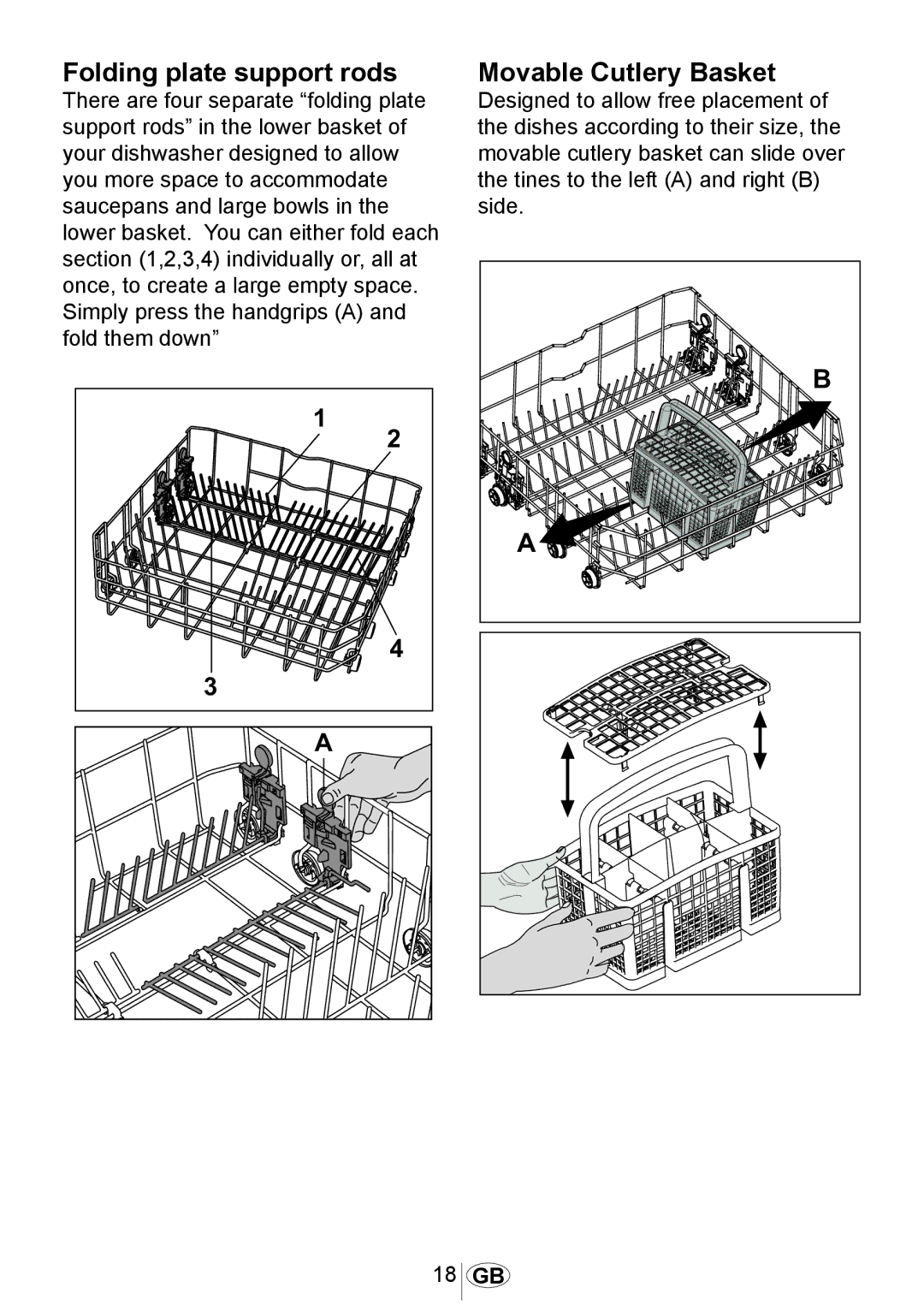 Beko DW602 manual Folding plate support rods, Movable Cutlery Basket 