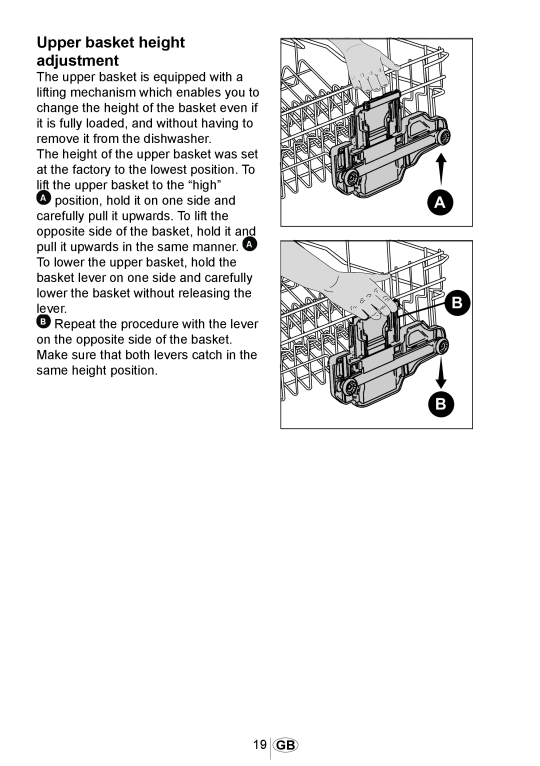 Beko DW602 manual Upper basket height adjustment 