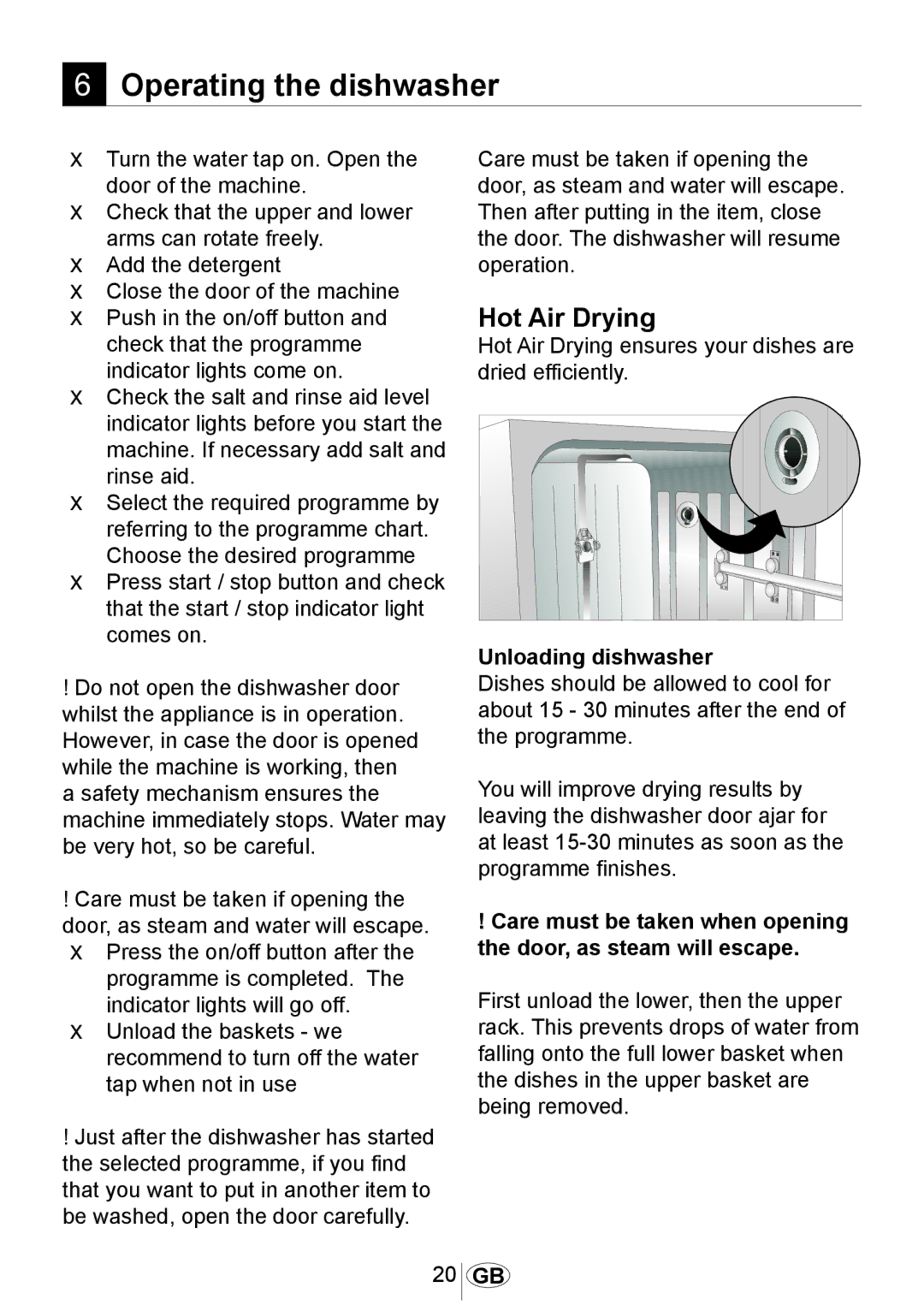 Beko DW602 manual Operating the dishwasher, Hot Air Drying, Unloading dishwasher 