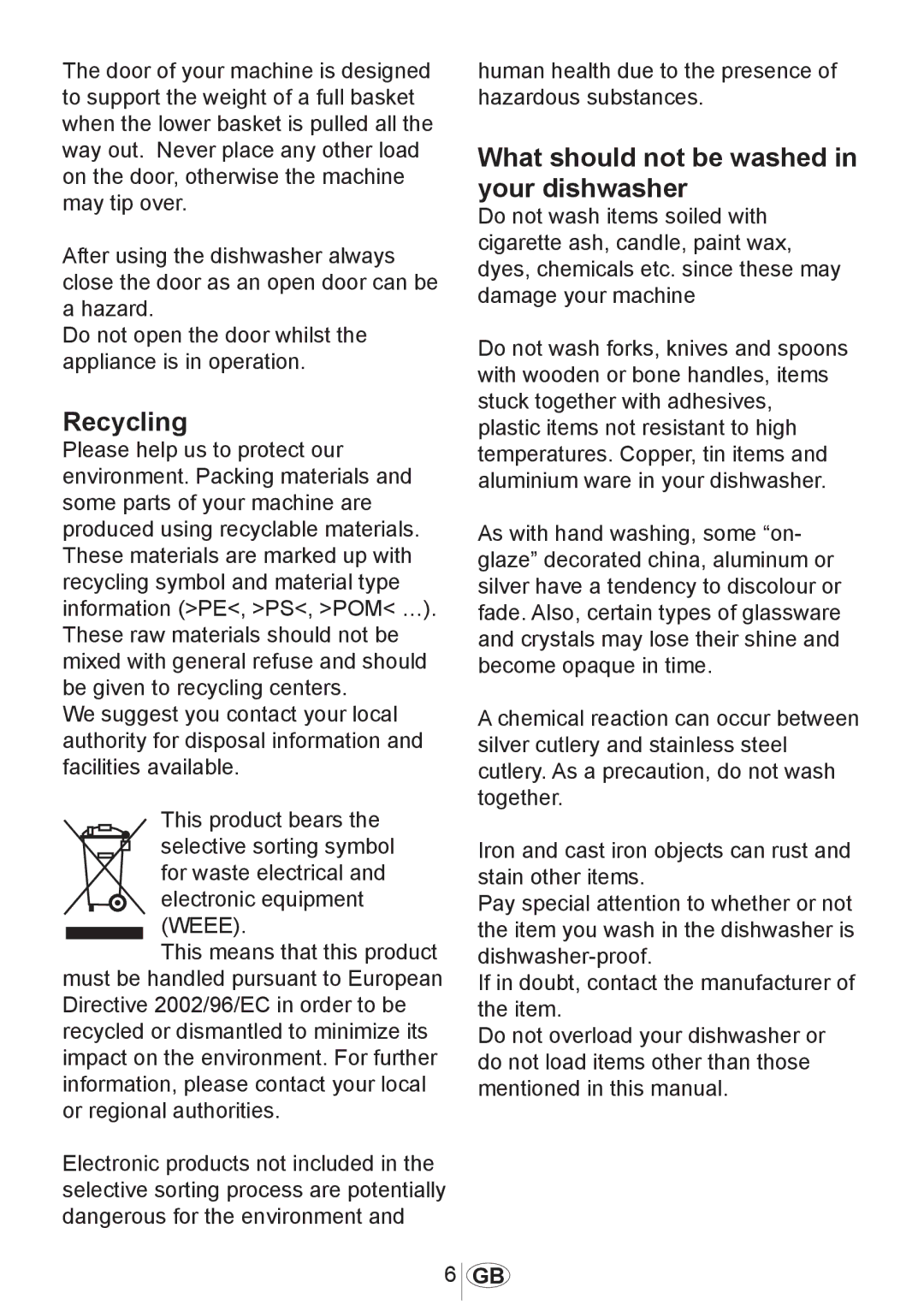 Beko DW602 manual Recycling, What should not be washed in your dishwasher 