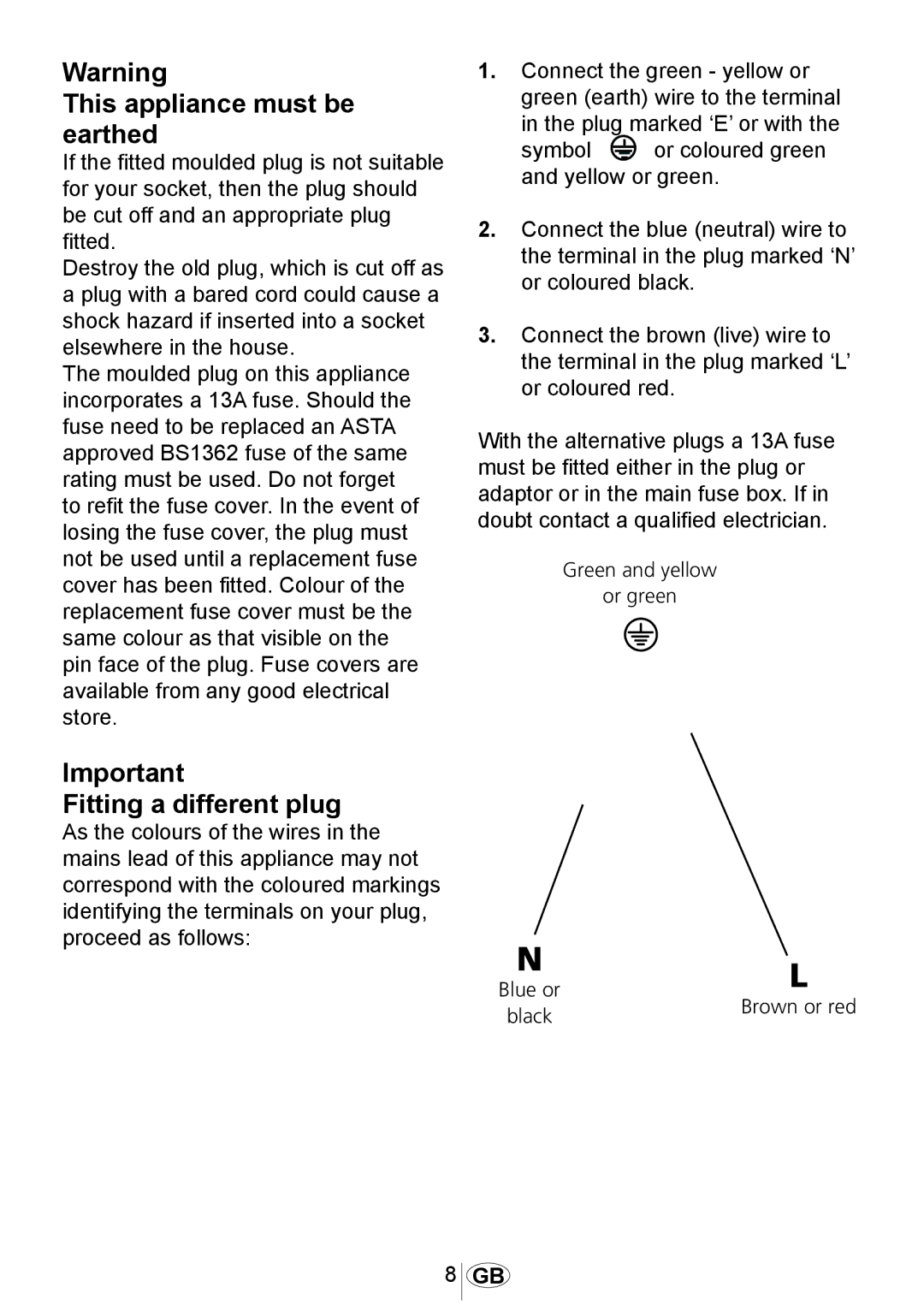 Beko DW602 manual This appliance must be earthed, Fitting a different plug 