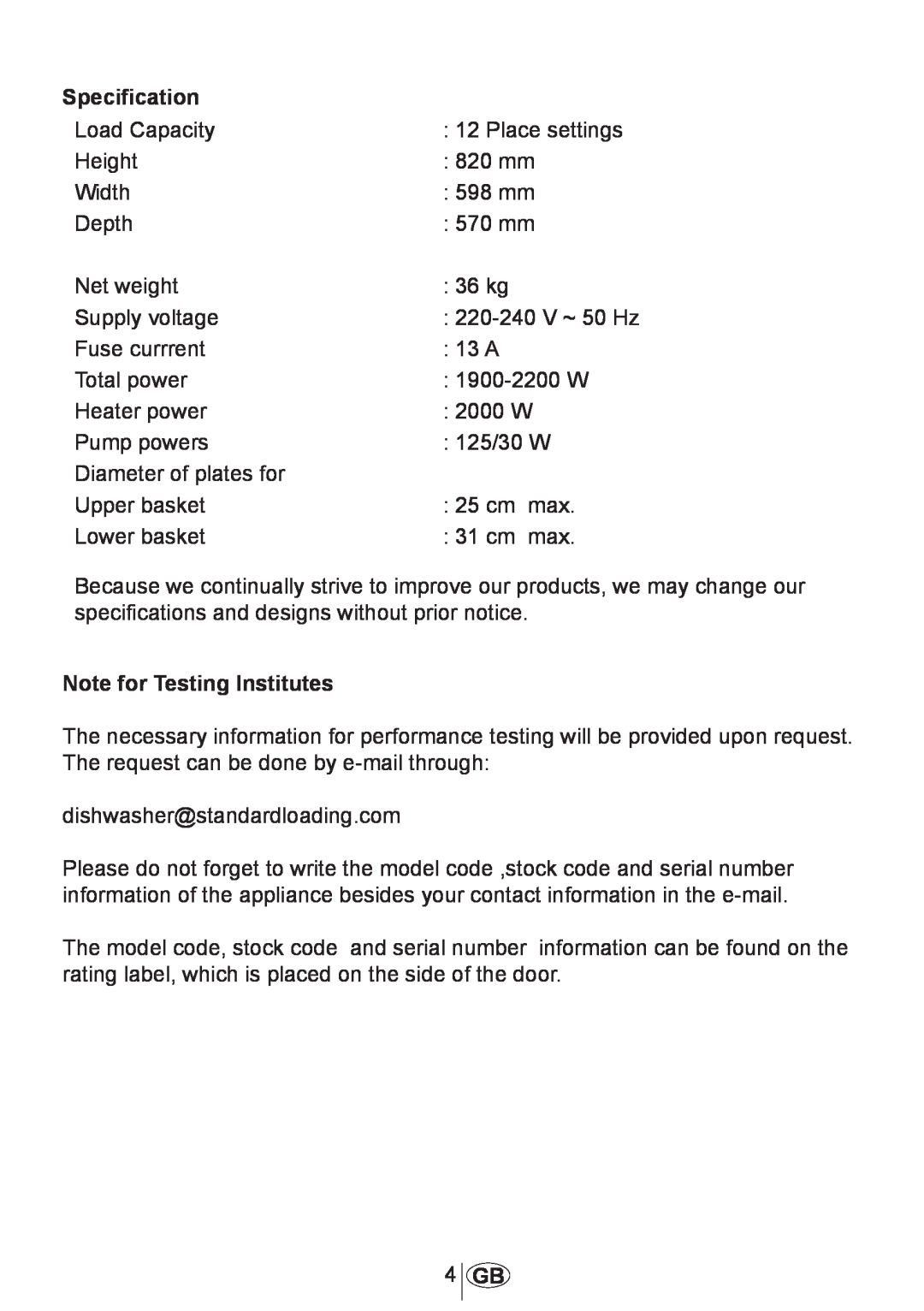 Beko DW602 manual Specification, Note for Testing Institutes 