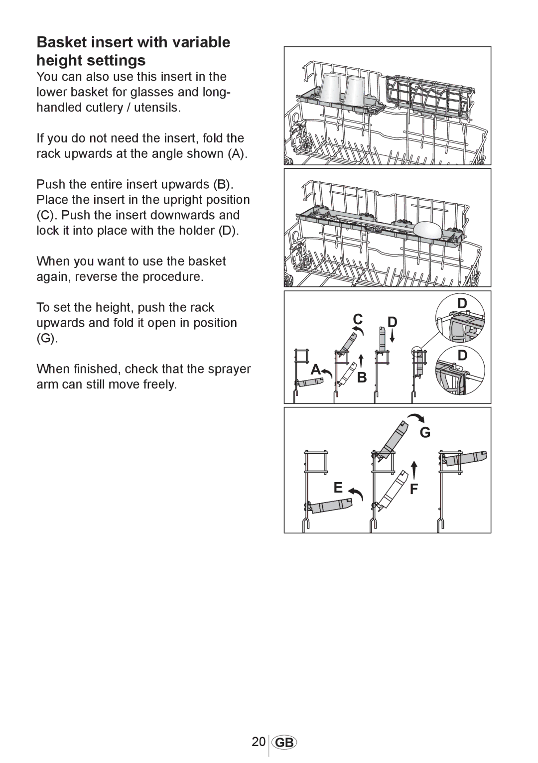 Beko DW686 manual Basket insert with variable height settings 