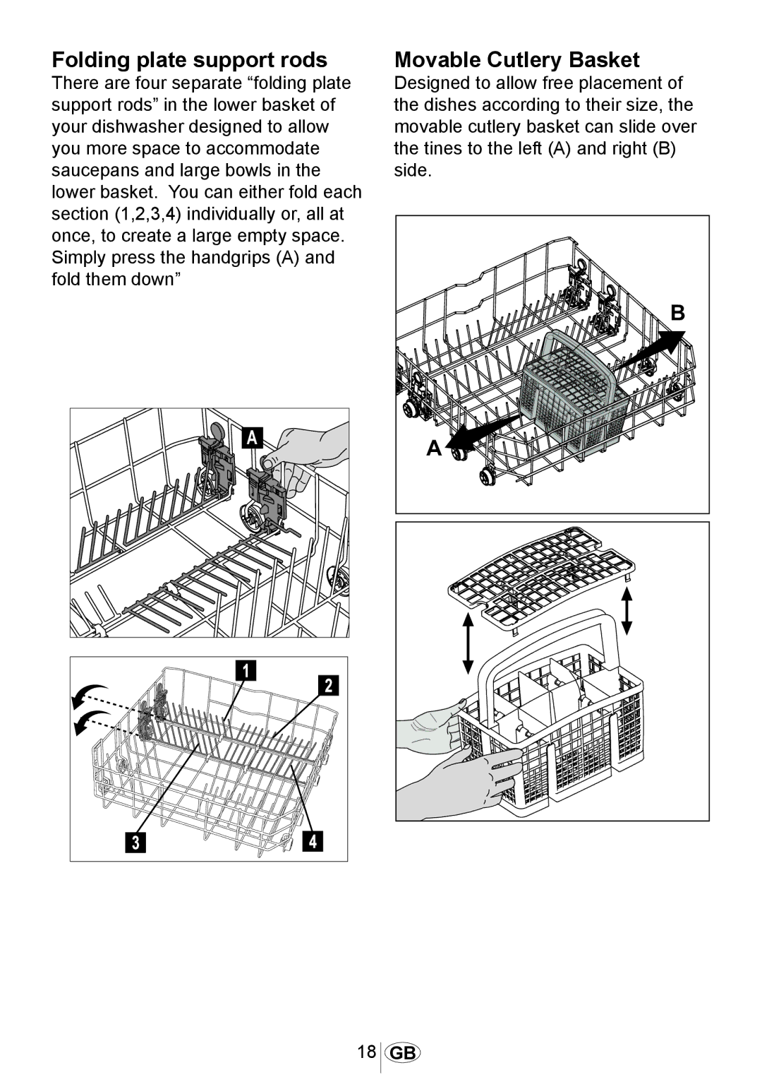 Beko DWD5412 manual Folding plate support rods, Movable Cutlery Basket 