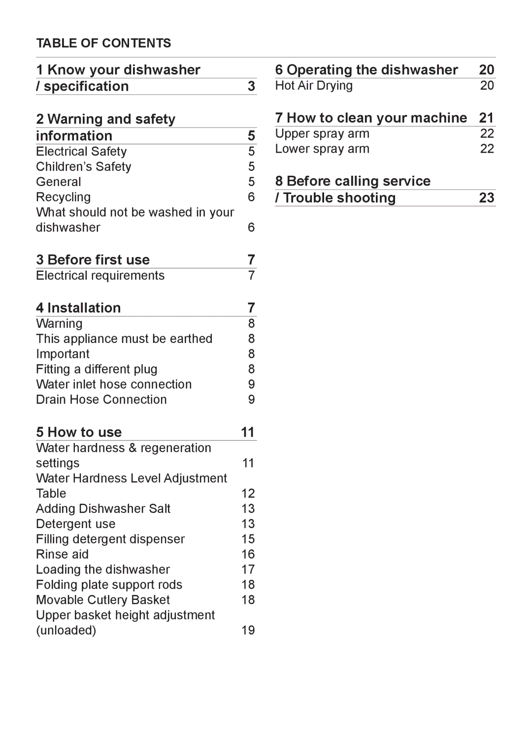 Beko DWD5412 manual Know your dishwasher Operating the dishwasher Specification 