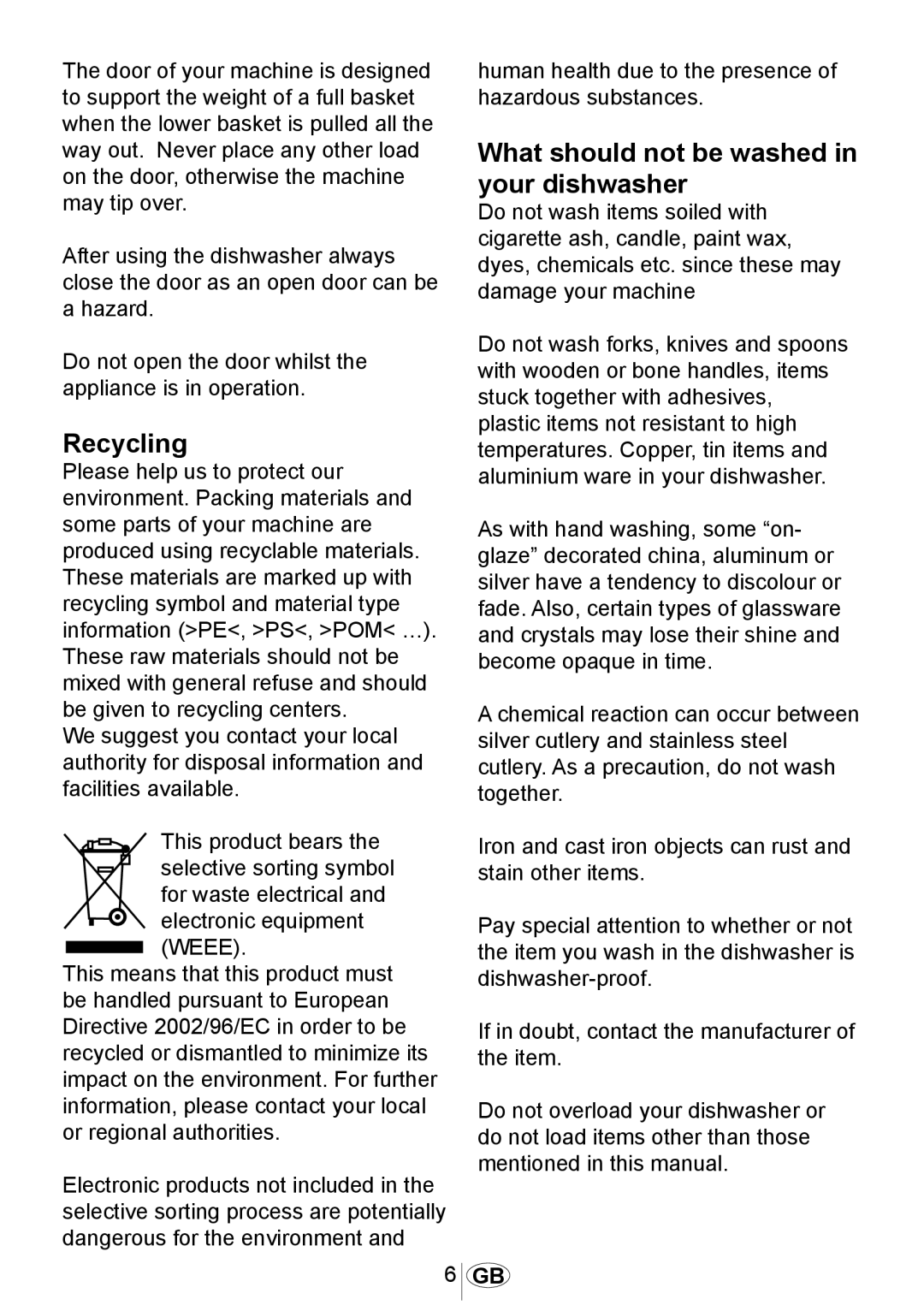 Beko DWD5412 manual Recycling, What should not be washed in your dishwasher 