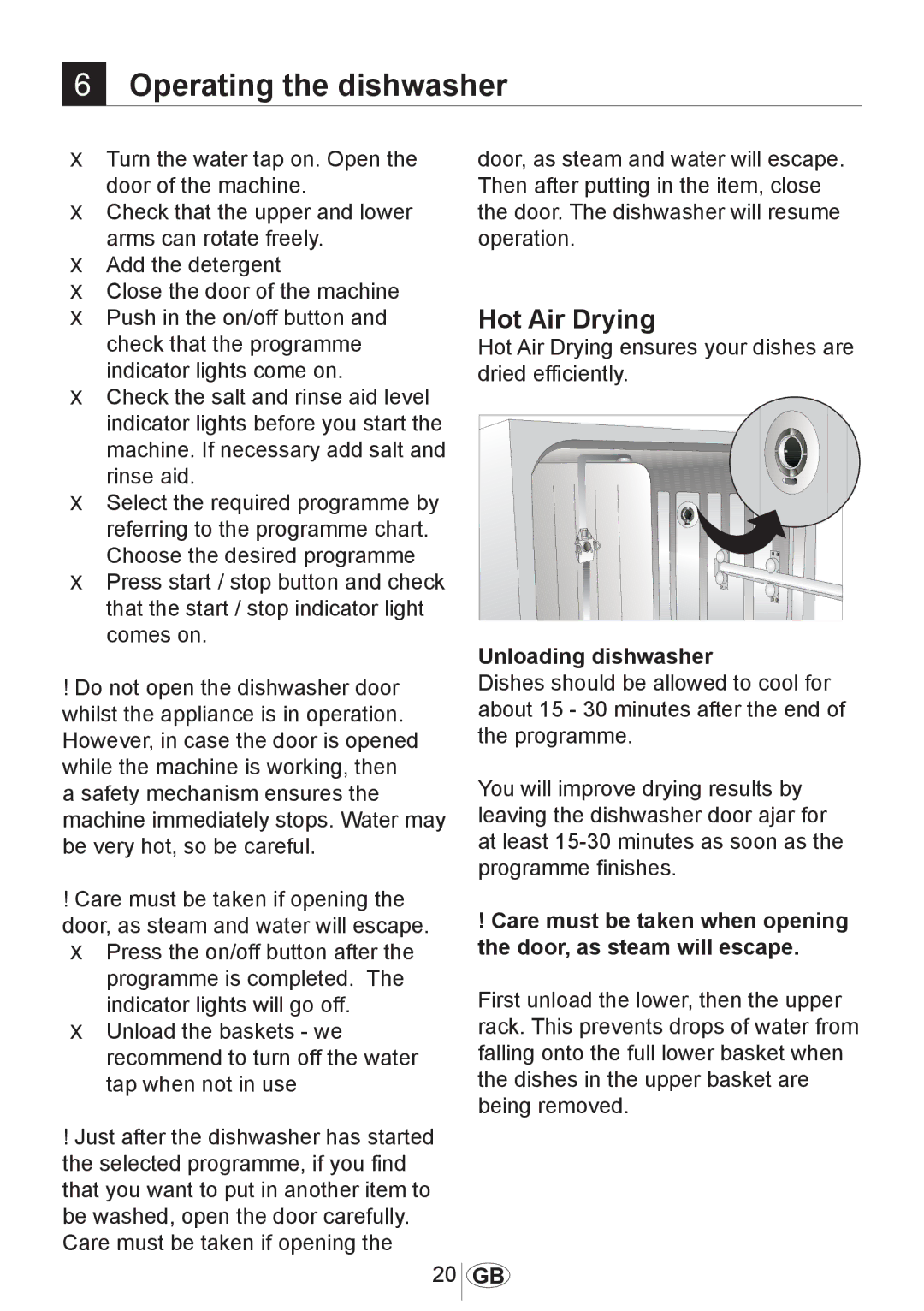 Beko DWD5414 manual Operating the dishwasher, Hot Air Drying, Unloading dishwasher 