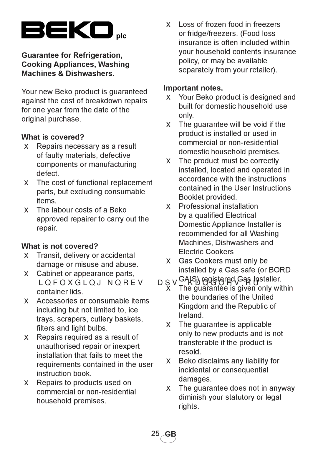 Beko DWD5414 manual What is covered?, What is not covered?, Important notes 