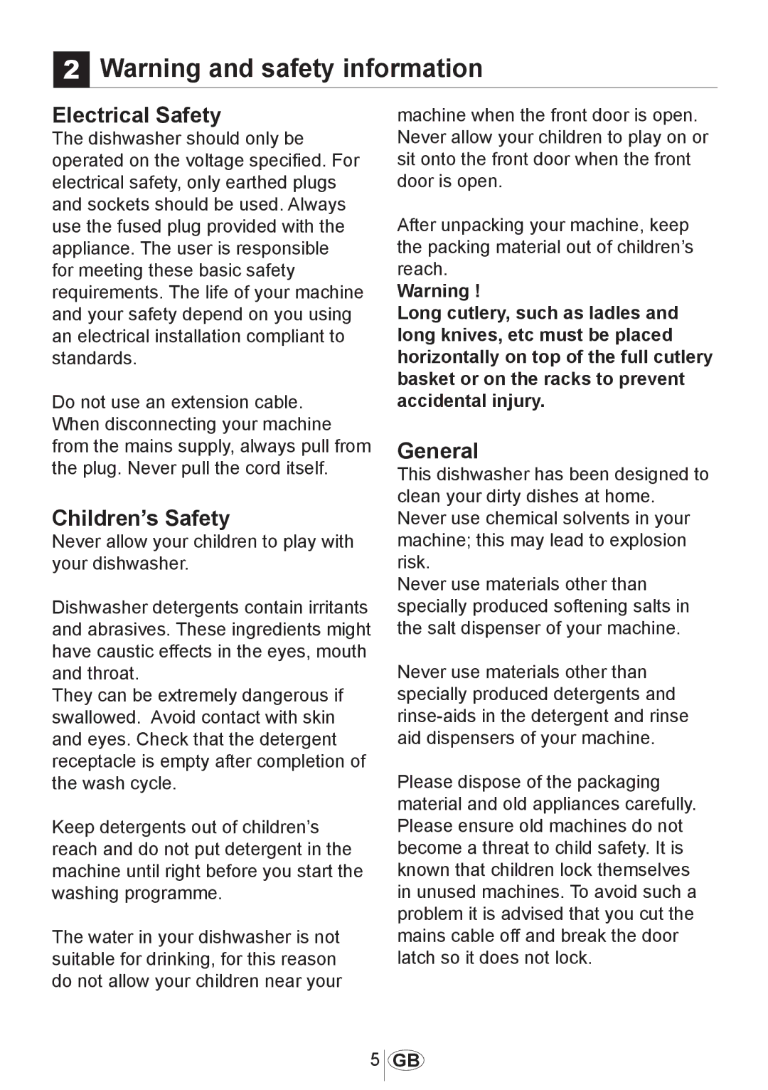 Beko DWD5414 manual Electrical Safety, Children’s Safety, General 