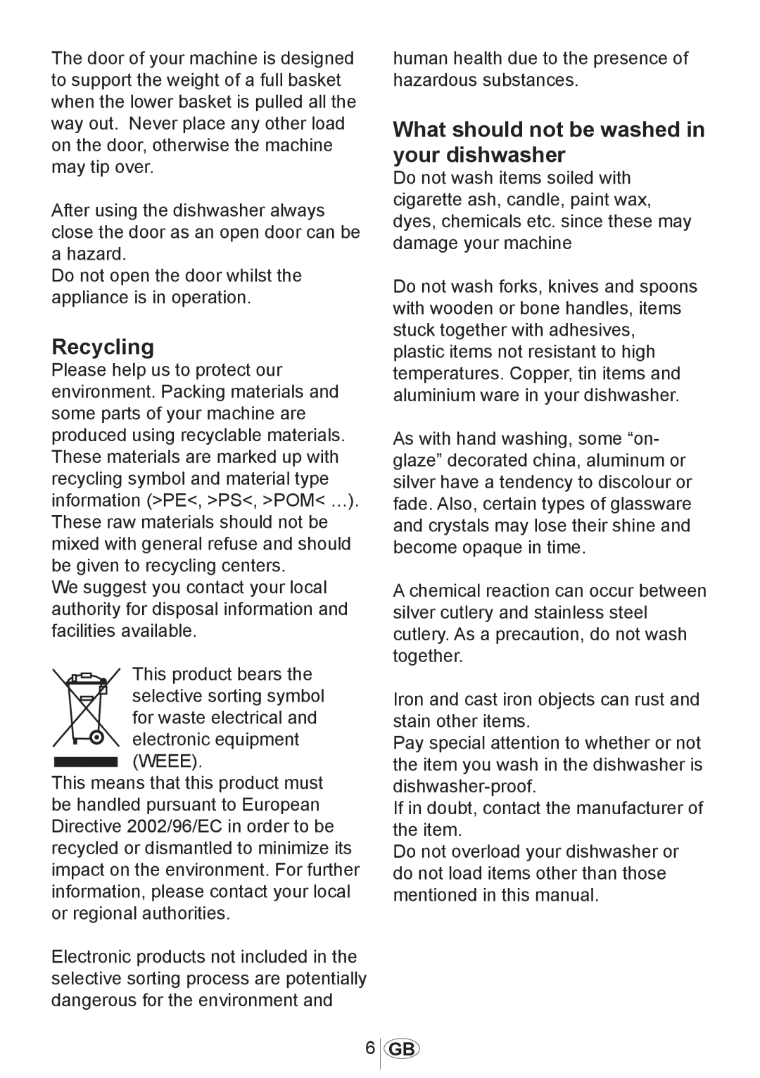 Beko DWD5414 manual Recycling, What should not be washed in your dishwasher 