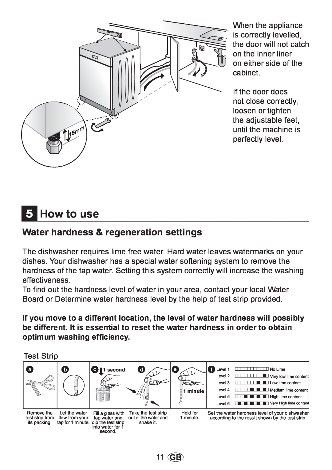 Beko DWD5414 manual 5How to use, Water hardness & regeneration settings 