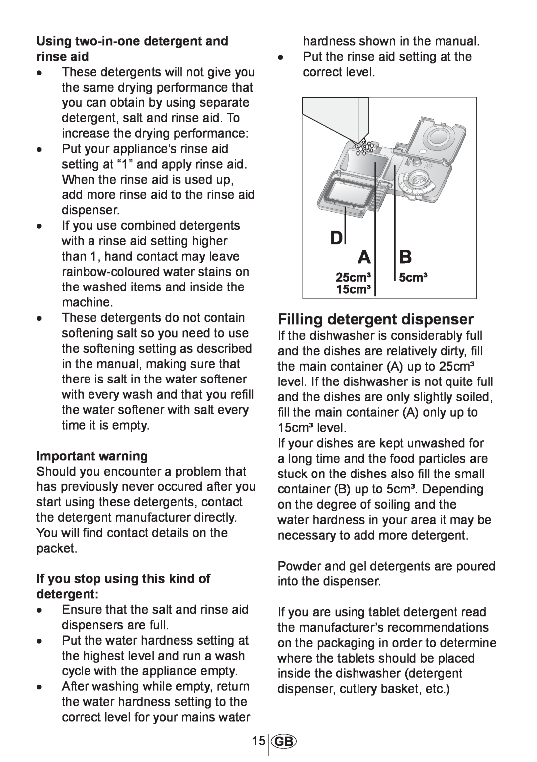 Beko DWD5414 manual Filling detergent dispenser, Using two-in-onedetergent and rinse aid, Important warning 