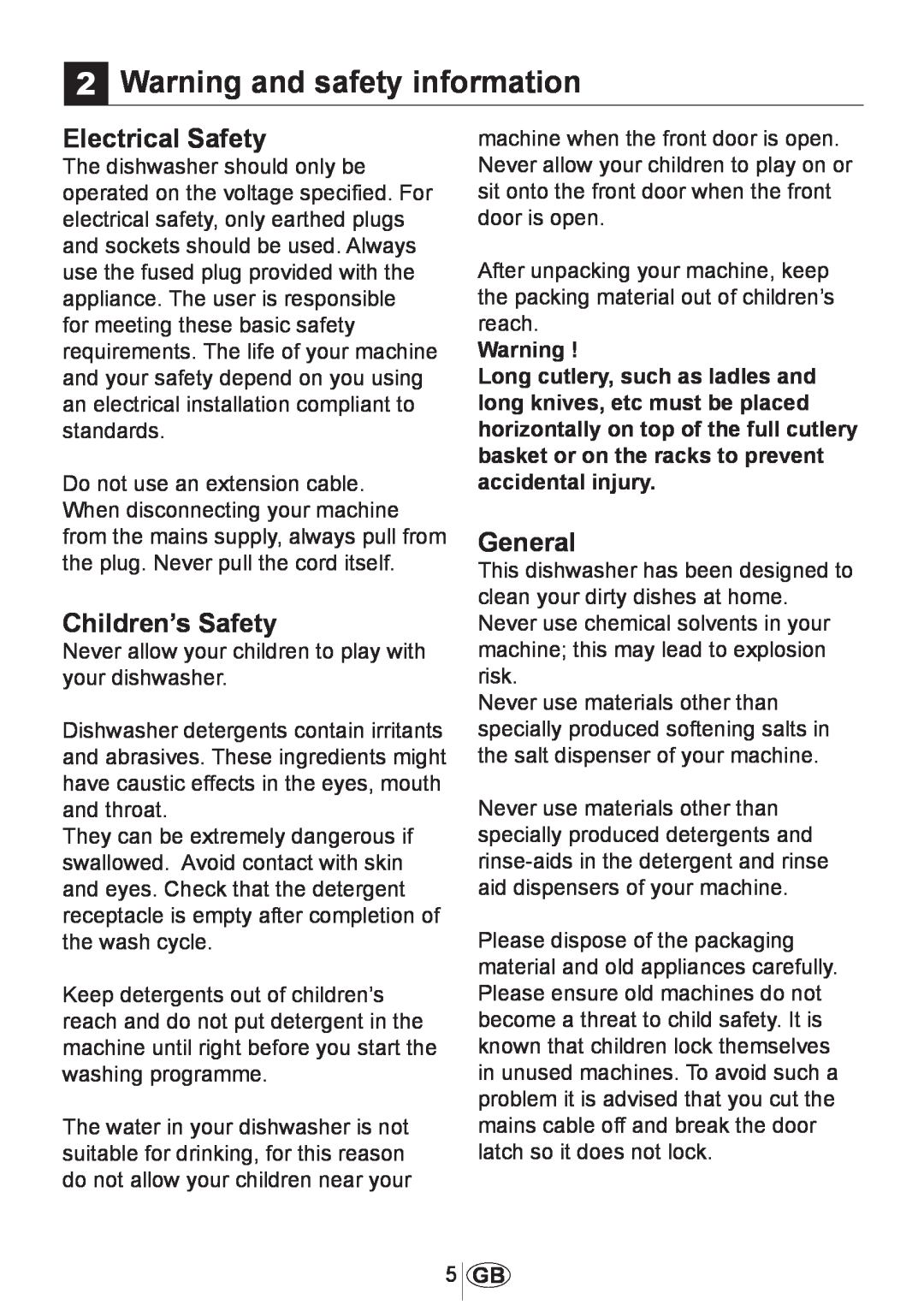 Beko DWD5414 manual 2Warning and safety information, Electrical Safety, Children’s Safety, General 
