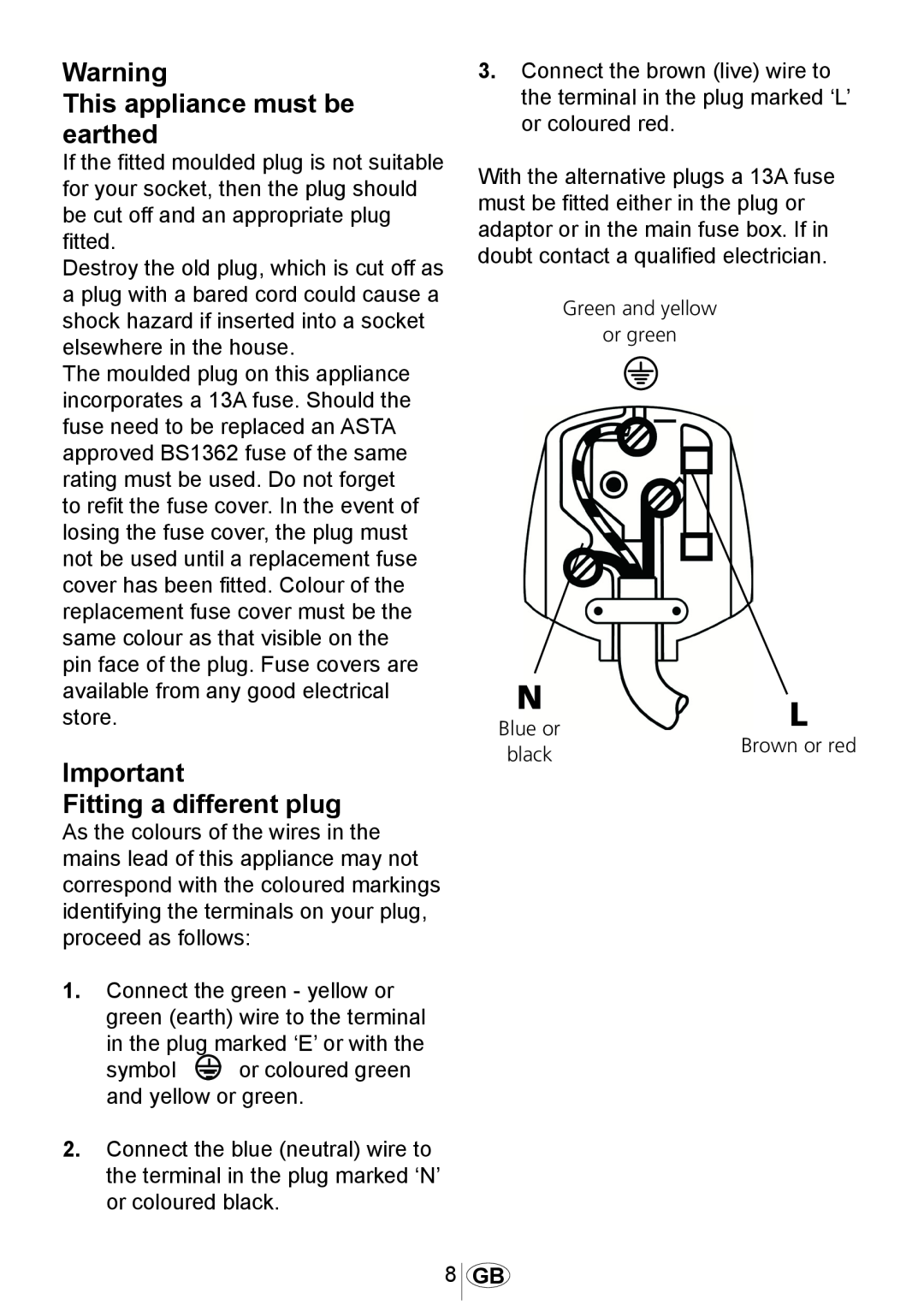 Beko DWD5414 manual This appliance must be earthed, Fitting a different plug 