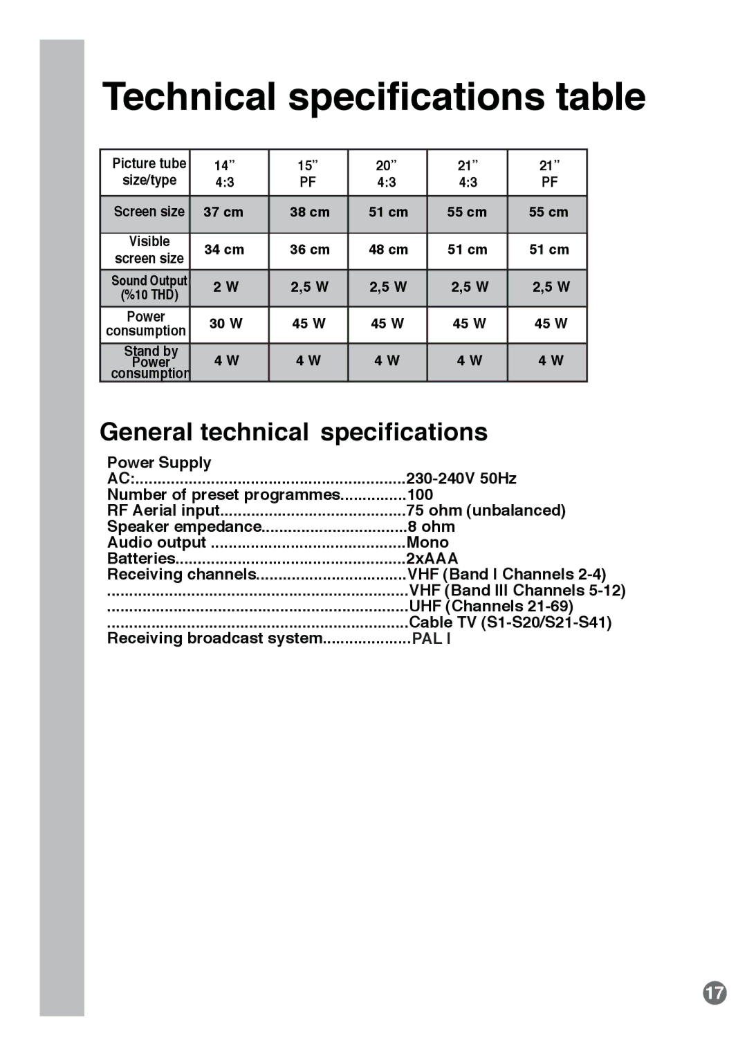 Beko E1 manual Technical specifications table, General technical specifications, Cable TV S1-S20/S21-S41 