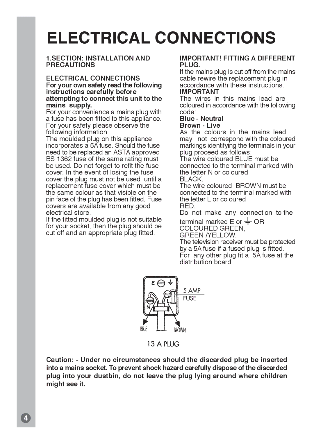 Beko E1 manual Electrical Connections, Blue Neutral Brown Live 