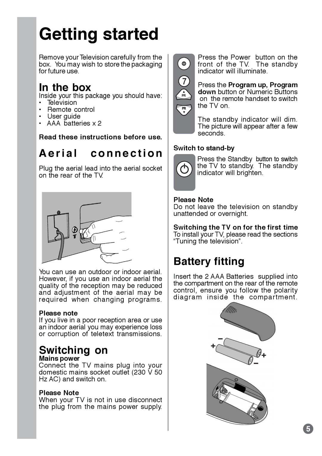 Beko E1 manual Getting started, Box, R i a l c o n n e c t i o n, Switching on, Battery fitting 