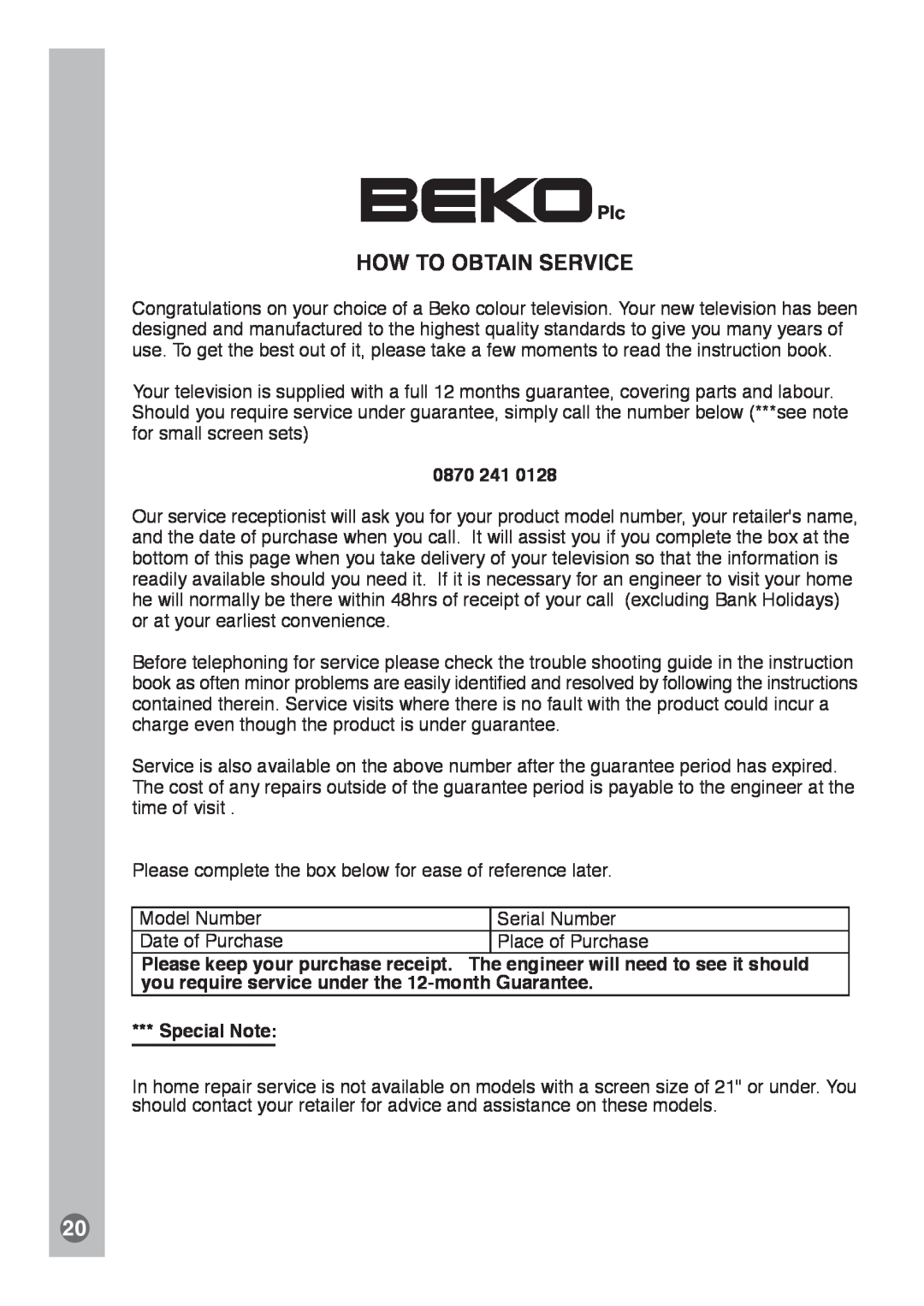 Beko E1 manual How To Obtain Service, 0870 241, Special Note 