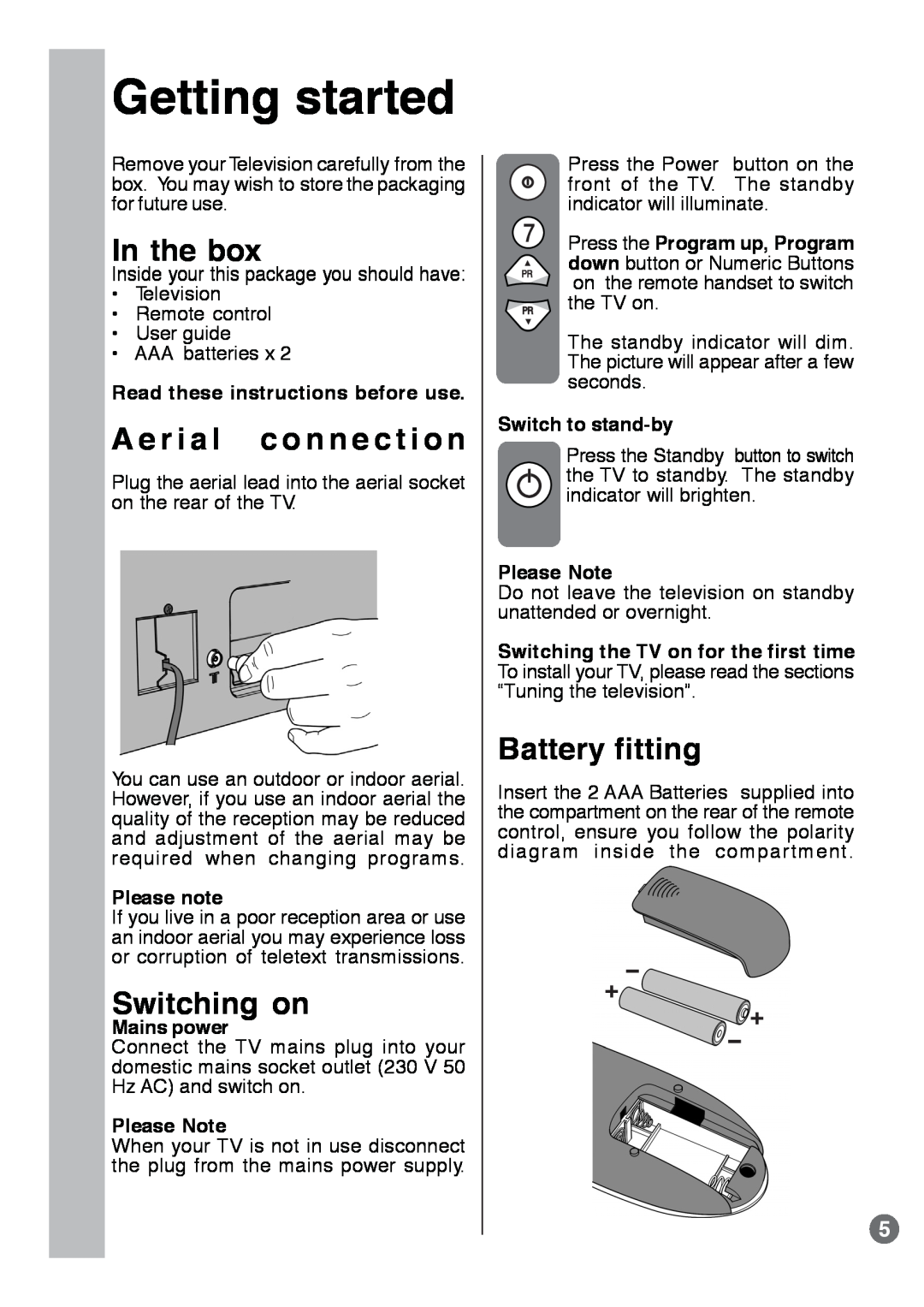 Beko E1 manual Getting started, In the box, A e r i a l c o n n e c t i o n, Switching on, Battery fitting, Please note 