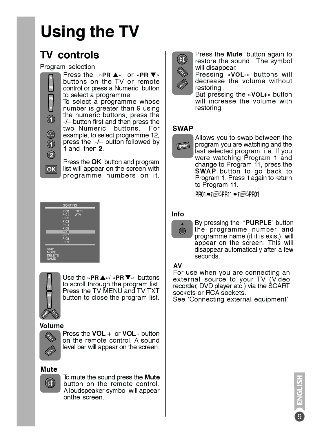 Beko E5 manual Using the TV, TV controls, Volume, Mute, PR11 