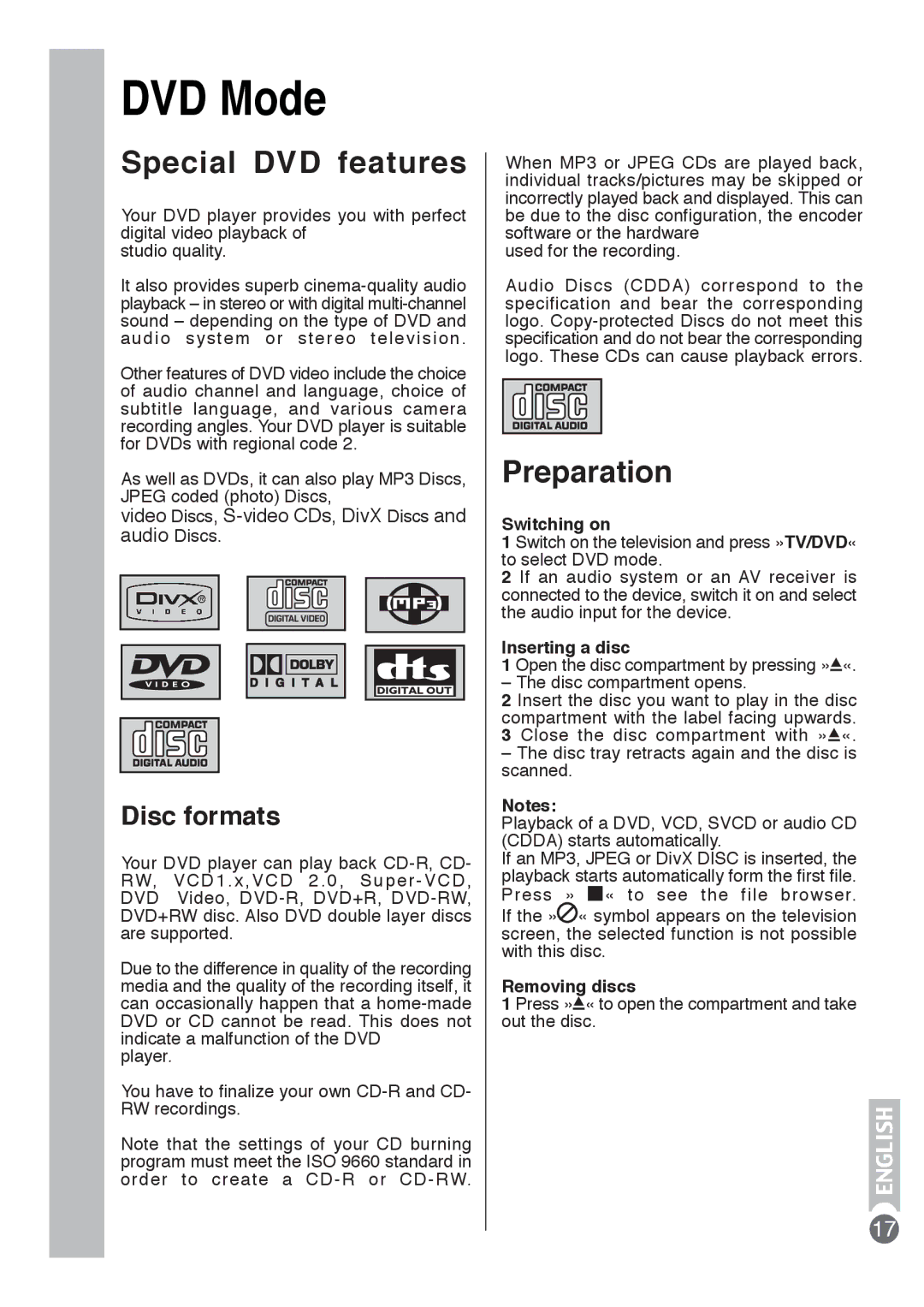 Beko E5 manual DVD Mode, Special DVD features, Preparation, Disc formats 