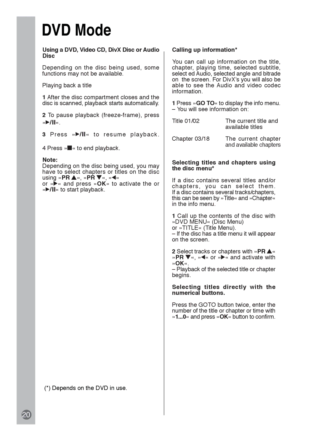 Beko E5 manual Using a DVD, Video CD, DivX Disc or Audio Disc, Calling up information 