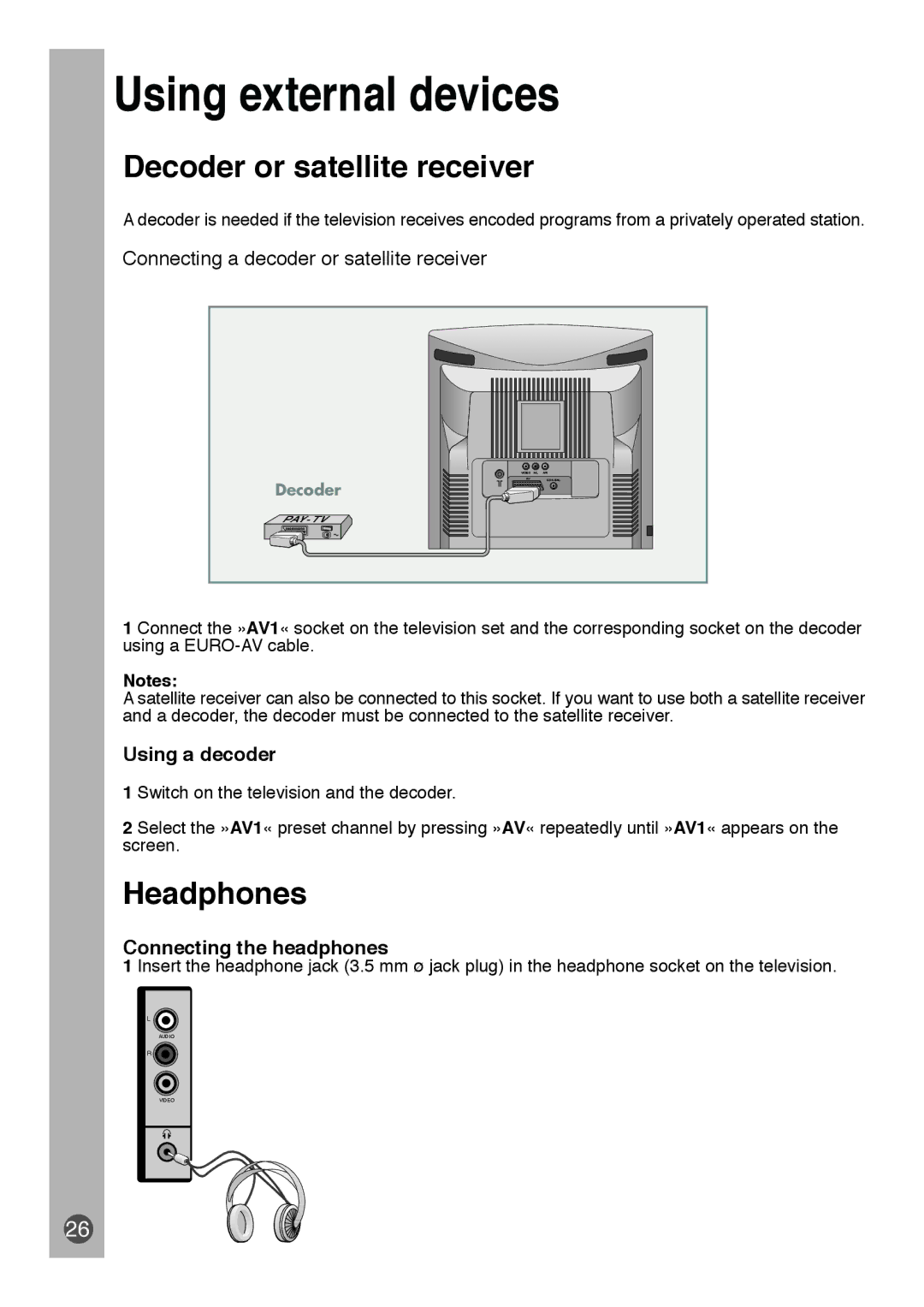 Beko E5 Using external devices, Decoder or satellite receiver, Headphones, Using a decoder, Connecting the headphones 