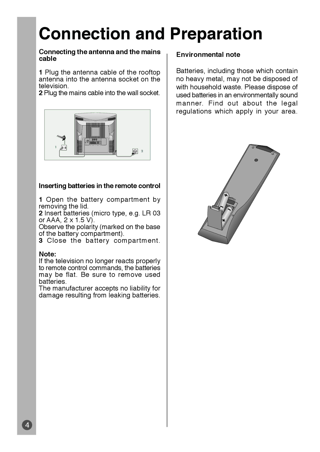 Beko E5 Connection and Preparation, Connecting the antenna and the mains cable, Inserting batteries in the remote control 