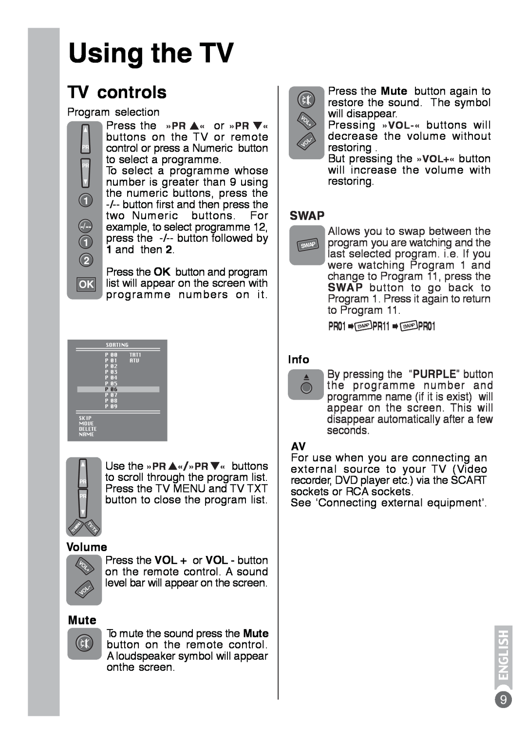 Beko E5 manual Using the TV, TV controls, Volume, Mute, Swap, PR11, PR01, Info 